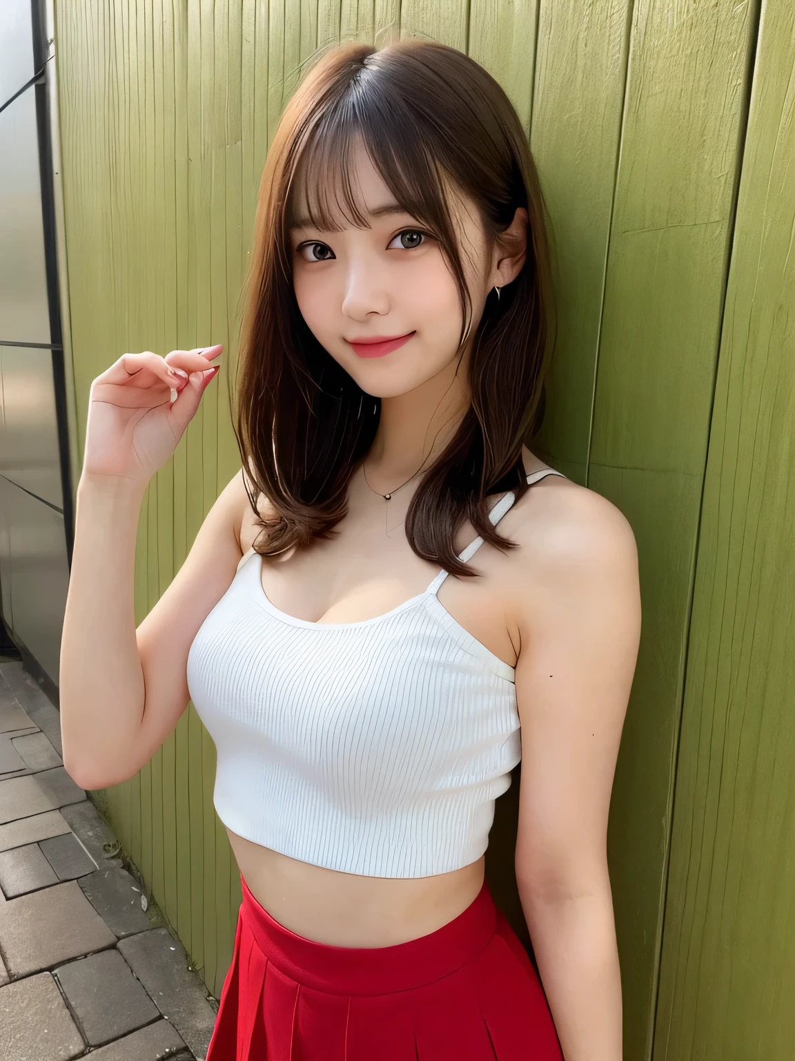 highest quality、Blonde、figure、 Blonde、Ultra-detailed、High resolution、8k wallpaper、Perfect dynamic composition,、Beautiful fine details、Natural color lip、Bold y pose、smile、17-te、Sexy shot looking ahe camera、(highest quality: 1.3), (masterpiece: 1.3), (Super Detail: 1.3), (One Girl: 1.1), (Detailed hands and fingers:1.2)、(Ultra-oily, lustrous skin with atton to detail:1.1)、Oily shiny knee socks、(Tube Top Clothes:1.3)、Cleavage、sexy、(Beautiful small brea:1.3)、(Red mini skirt:1.2)、I cyour thighs、Brown Hair、Very short hairstyle、Beautiful sister、Yellow wall,sexy、I can see your thighs、