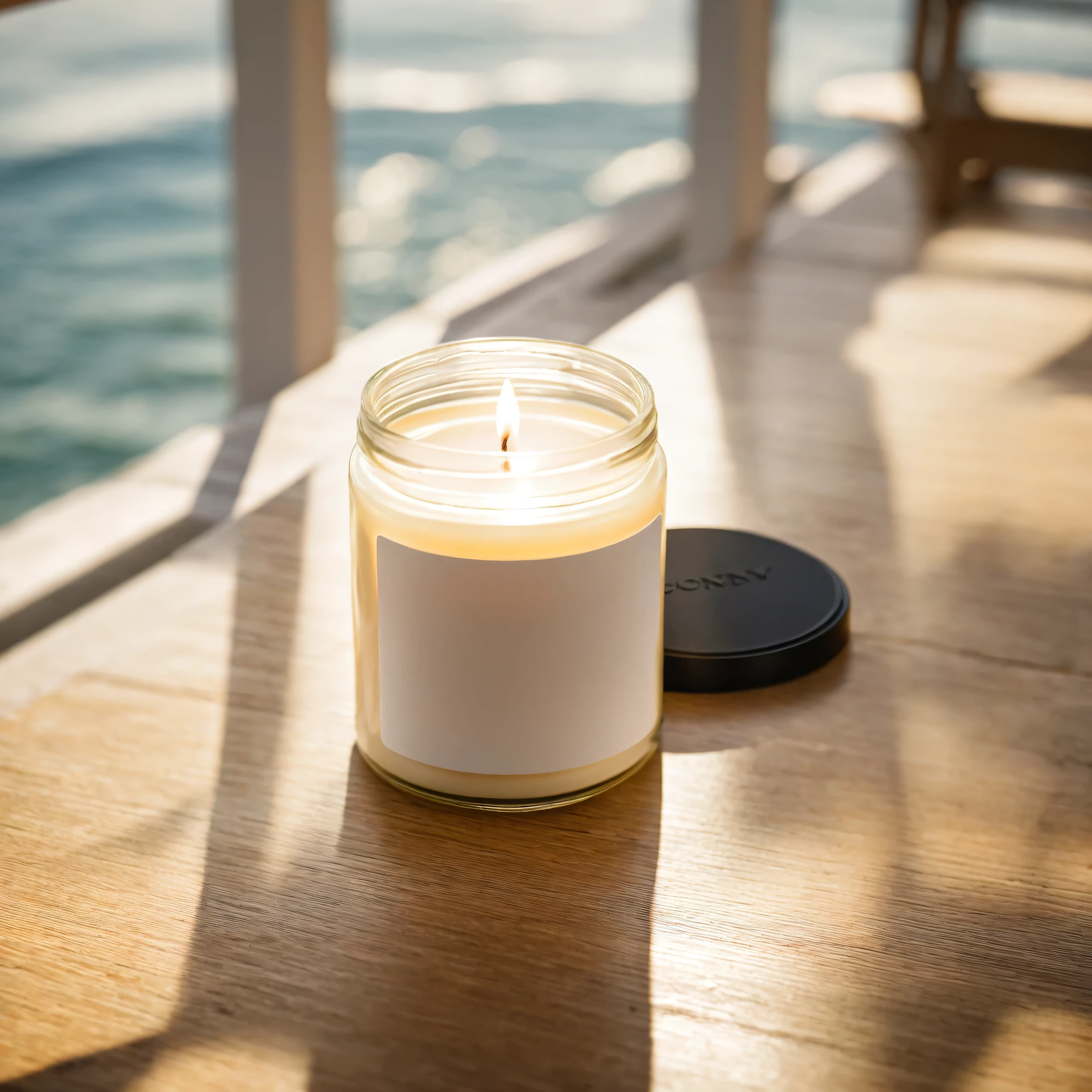 Mockup empty, a blank beige candle in a jar with white label and black lid standing on a wooden table in a sunny beachhouse, professional photo, shot on 50mm lens, sony a7 camera, daylight, shallow depth of field,