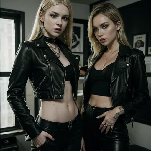 Two gorgeous blonde girls、No bra,Wearing a leather jacket,punk rock style,Smoking a cigarette and running his hair back,Bad look in the eyes,Unhealthy face,Slim body,Pale skin,Dark eyeshadow,A moment when a tattoo is being applied at a tattoo studio,Lots of tattoos,Wear leather pants,Her ass is facing me,Happy face,smile,