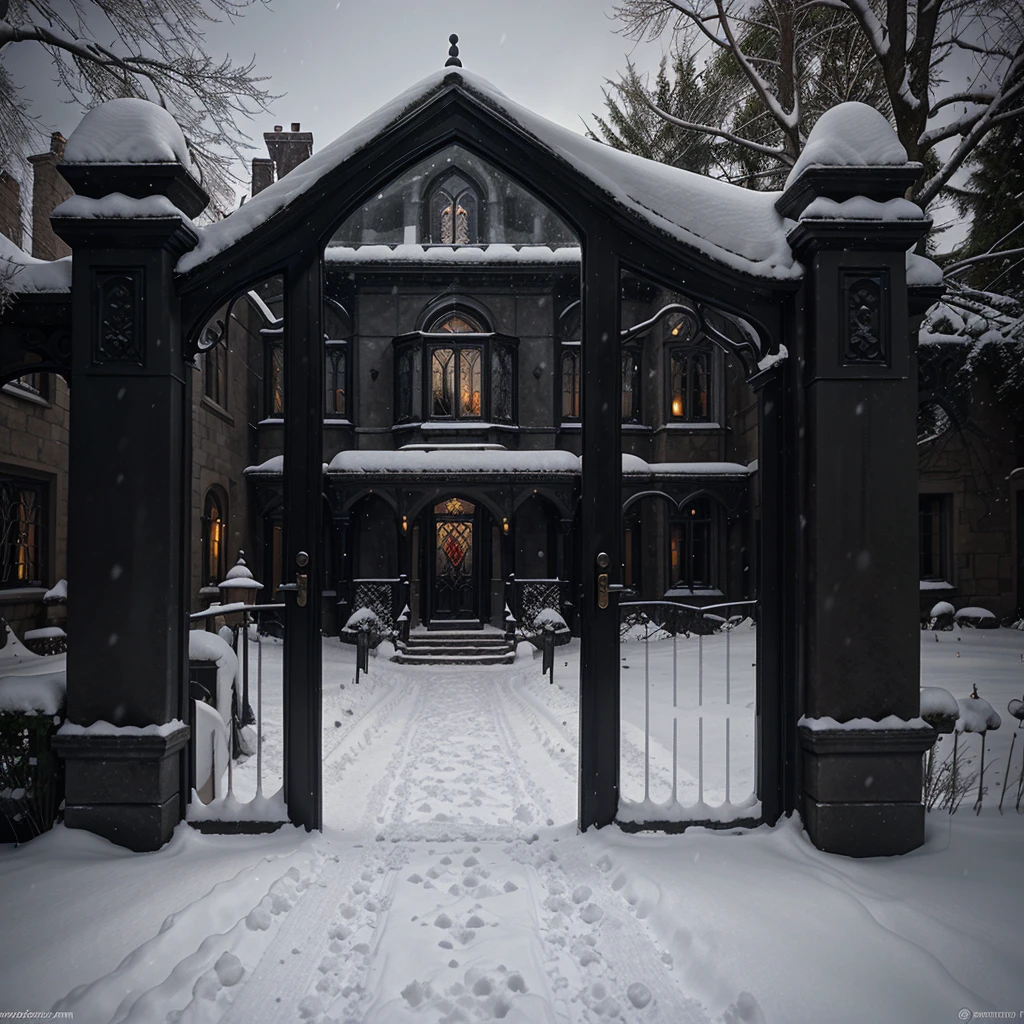 outside the gate of gothic mansion, oper gate to the garden, italian garden, gate seen from outside, snow, snow, snow, night victorian, medieval, vintage, outside gothic doll manor, photorealistic dark concept art, dark, a dark mansion, background art with snow at night, photorealistic, outside the gate, personal background, night time