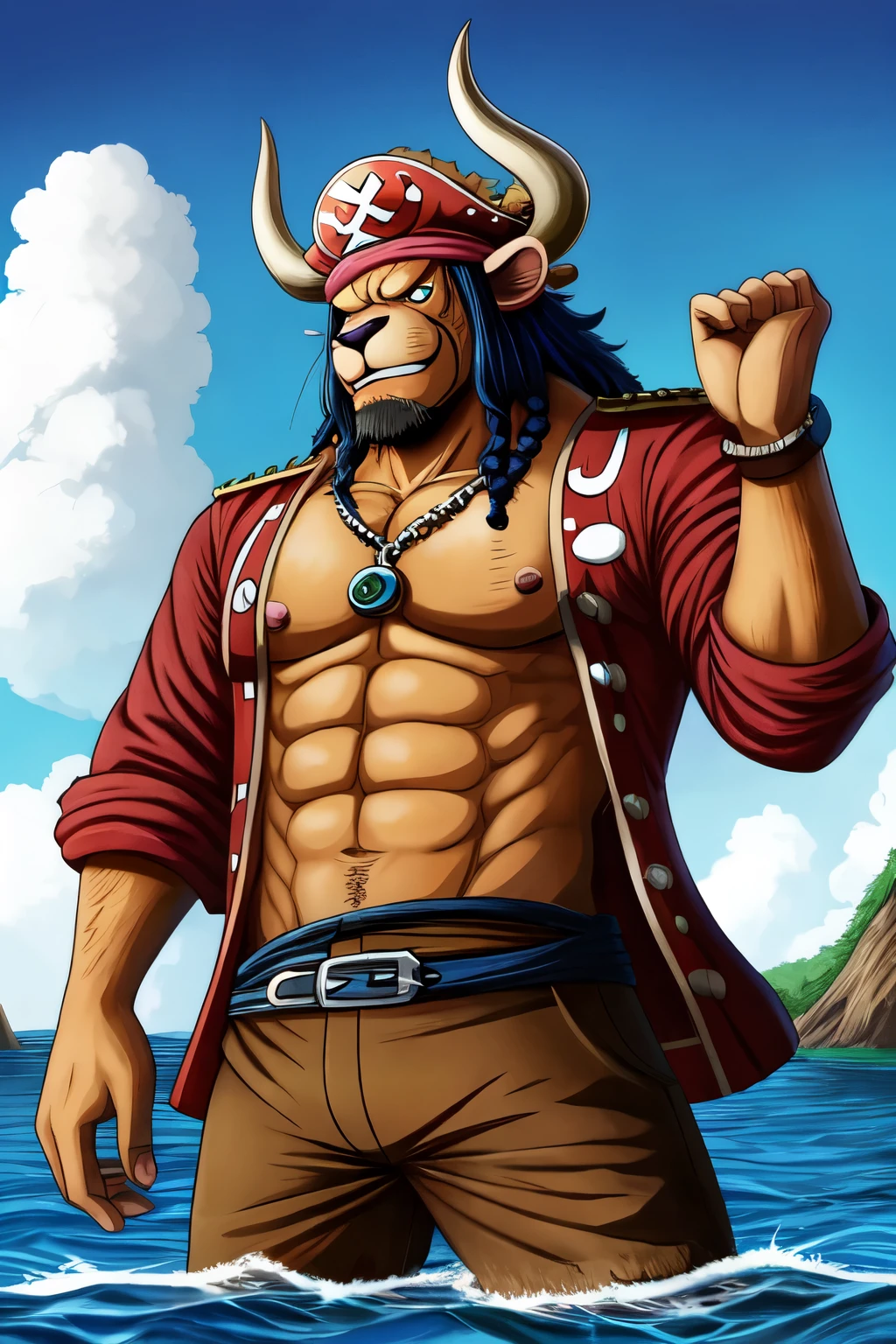 ((one piece)), (bison), (mink), pirate, solo, shipwright, horns