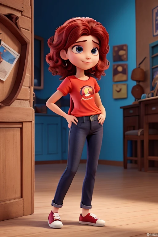  Branca  ,cabelos longos pretos, blusa vermelha de estampa de morangos, black jeans pants, sapatos pretos. Desenho pixar,