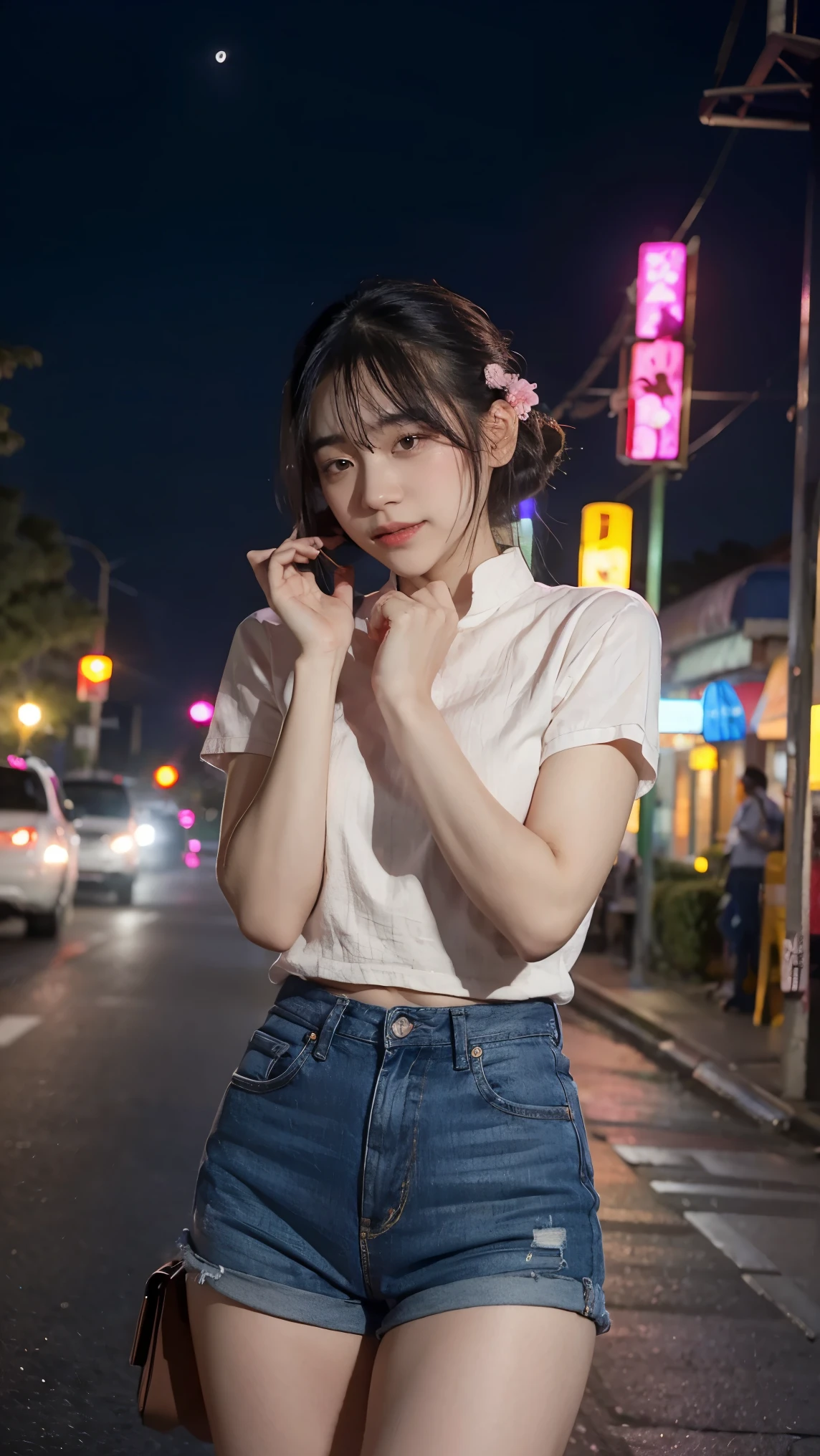 beautiful woman, Road at night with lights, Fiddling with the smartphone, hot pants, Fragrant pink flowers, passerby, night scene gradient, Nice details, Delicate tones, Silence floats across the screen..