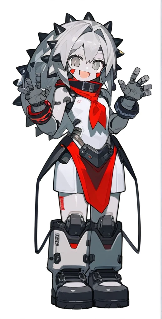 score_9, score_8_up, source_anime, masterpiece, best quality, BREAK 1girl, grey metallic skin, open mouth smile, white dress, grey long spiked metallic hair, grey eyes, black boots, black wristband, red neckerchief, absurdres