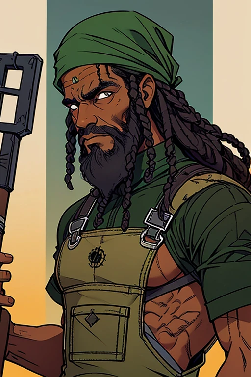 homem, negro, barba longa, dreads, bandana verde escuro, apocalipse zumbi, cidade destruida, wearing overalls
