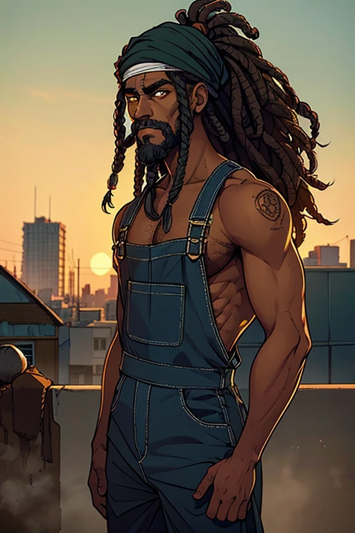 homem, negro, barba longa, dreads, bandana verde escuro, apocalipse zumbi, cidade destruida, wearing overalls