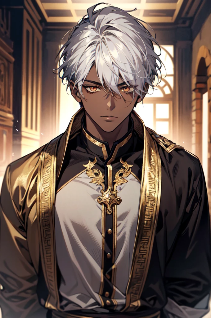 1boy, Masterpiece, absurdres, fine detail, HDR, ancient greek clothing, blacksmith, solo, revealing clothes, white hair dark skin, 1boy, hair between eyes, golden eyes, upper body, male focus, FH , early 20s,