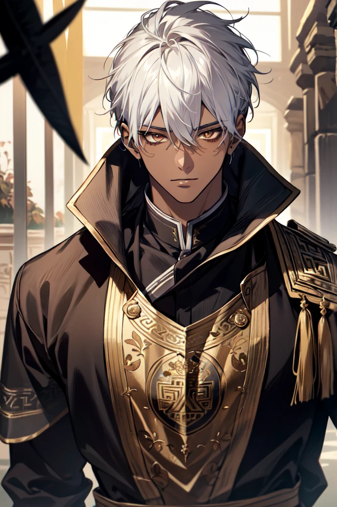 1boy, Masterpiece, absurdres, fine detail, HDR, ancient greek clothing, blacksmith, solo, revealing clothes, white hair dark skin, 1boy, hair between eyes, golden eyes, upper body, male focus, FH , early 20s,