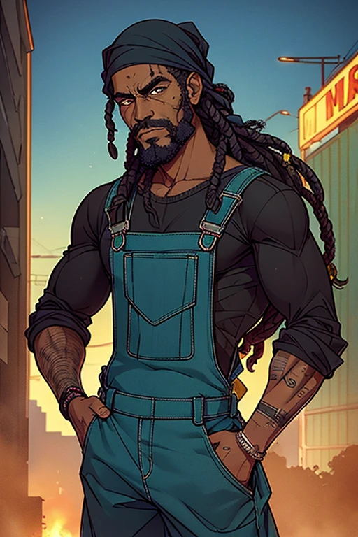 homem, ?????, barba longa, dreads, bandana verde escuro, apocalipse zumbi, cidade destruida, wearing overalls