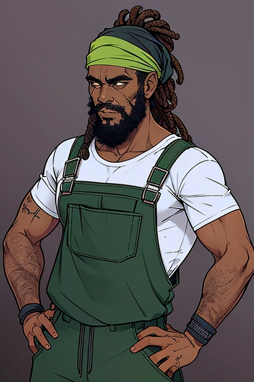 homem, negro, barba longa, dreads, bandana verde escuro, apocalipse zumbi, cidade destruida, wearing overalls