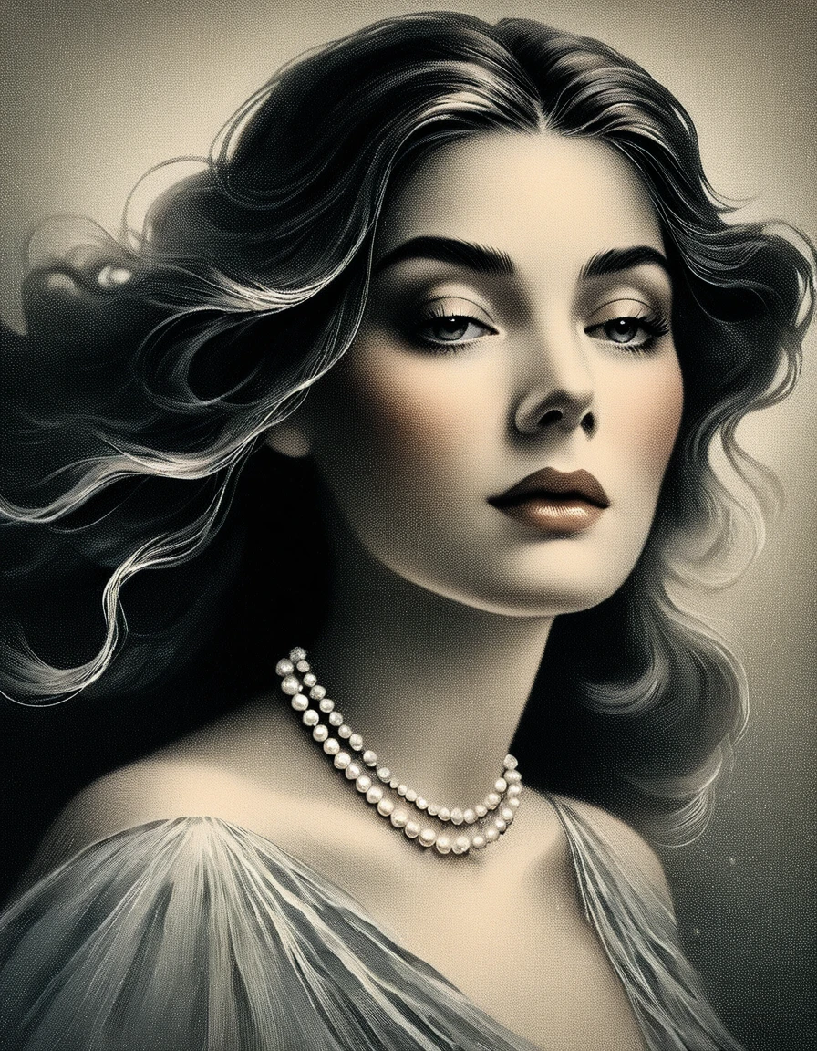 chiaroscuro technique on sensual illustration of a gradient background, soft textures, a woman in a beautiful dress, detailed facial features, long eyelashes, pearl necklace, wavy hair, serene expression, (best quality,4k,8k,highres,masterpiece:1.2),ultra-detailed,(realistic,photorealistic,photo-realistic:1.37),portrait,dramatic lighting,muted color palette,soft focus, the model draped in flowing, Use a gradient or a softly textured background to complement the overall tone