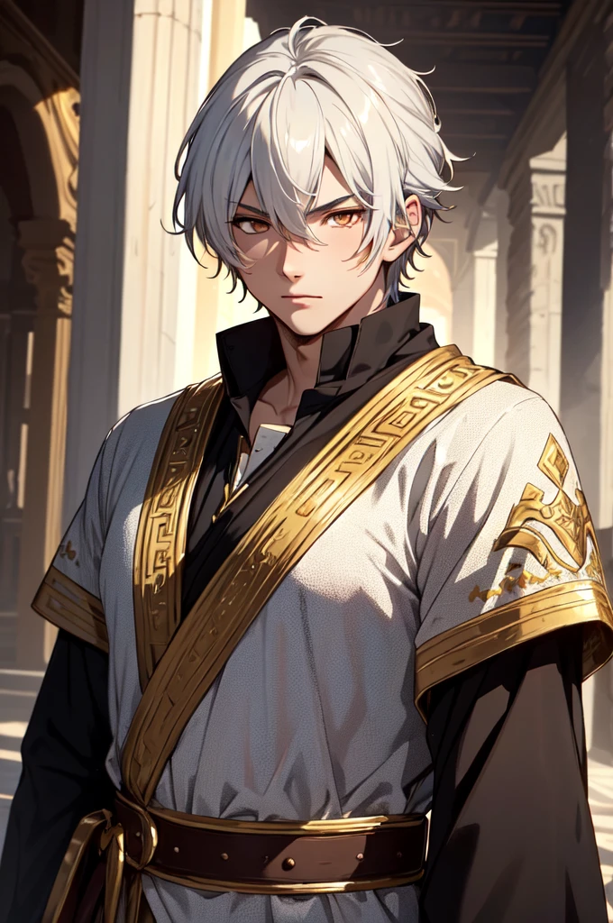 1boy, Masterpiece, absurdres, fine detail, HDR, ancient greek clothing, blacksmith, solo, revealing clothes, white hair dark skin, 1boy, hair between eyes, golden eyes, upper body, male focus, FH , early 20s,