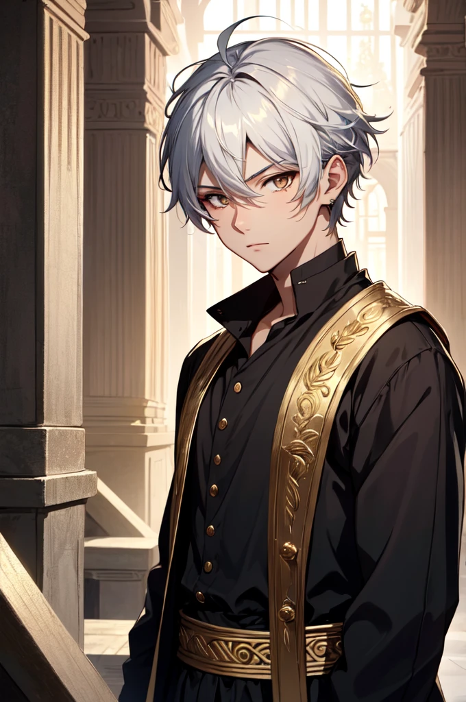 1boy, Masterpiece, absurdres, fine detail, HDR, ancient greek clothing, blacksmith, solo, revealing clothes, white hair dark skin, 1boy, hair between eyes, golden eyes, upper body, male focus, FH , early 20s,