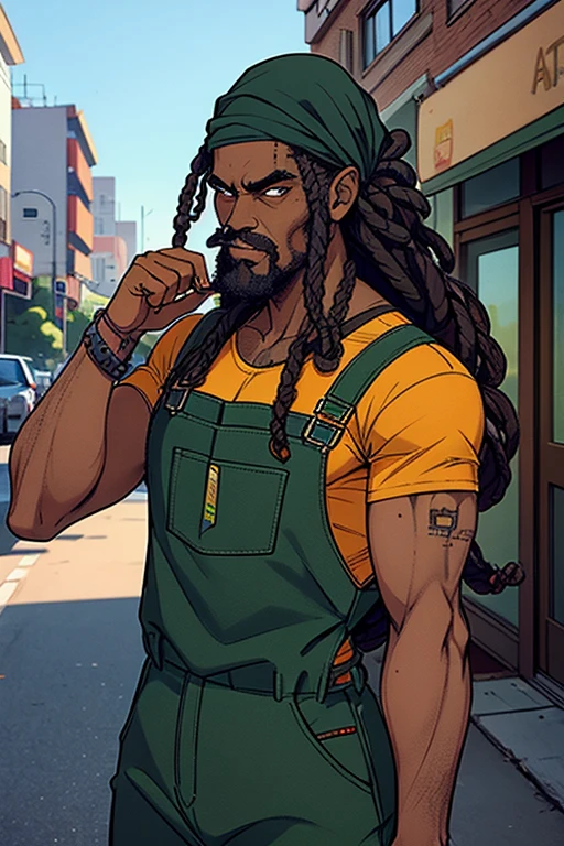 homem, negro, barba longa, dreads, bandana verde escuro, apocalipse zumbi, cidade destruida, wearing overalls