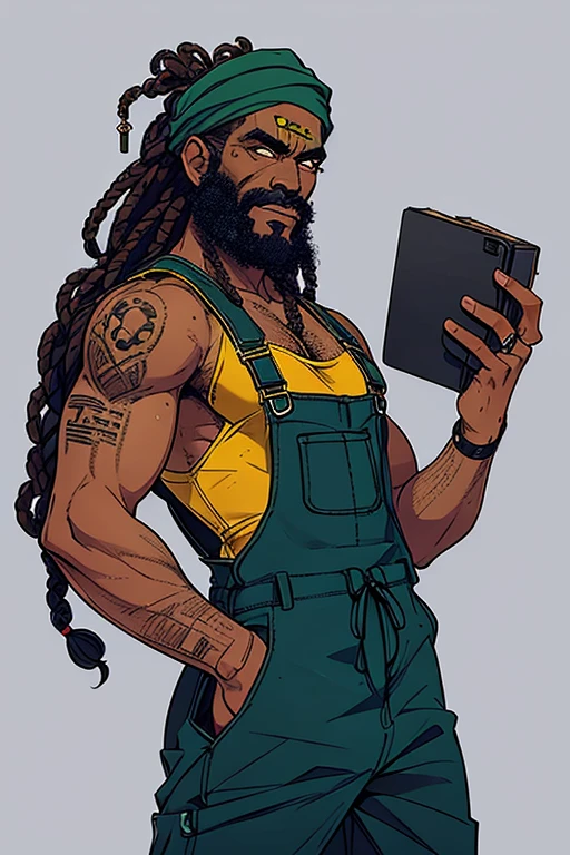 homem, negro, barba longa, dreads, bandana verde escuro, apocalipse zumbi, cidade destruida, wearing overalls