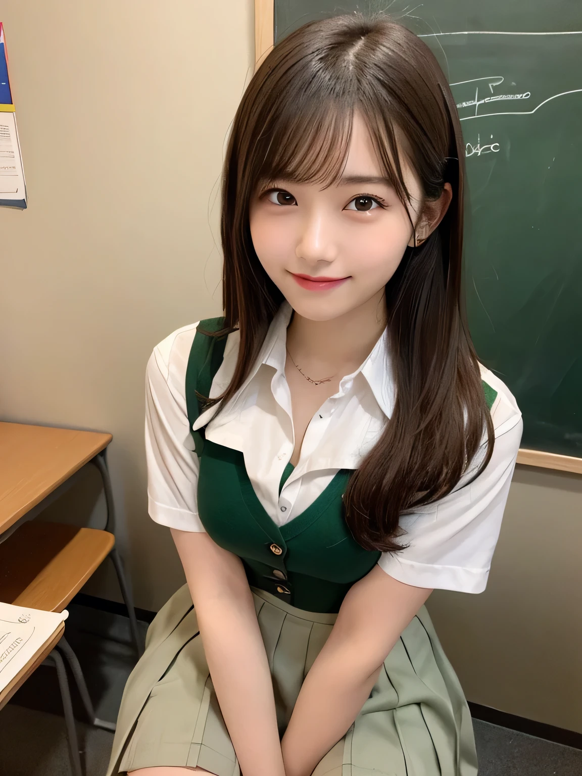 highest quality、figure、 Cleavage、sexy、Ultra-detailed、High resolution、8k wallpaper、Perfect dynamic composition,、Beautiful fine details、Natural color lip、Bold sexy pose、smile、16-year-old girl、cute、Sexy shot looking at the camera、(highest quality: 1.3), (masterpiece: 1.3), (Super Detail: 1.3), (One Girl: 1.1), (Detailed hands and fingers:1.2)、(Ultra-oily, lustrous skin with attention to detail:1.1)、Oily、(The perfect school girl uniform:1.3)、Short-sleeved shirt with front opening、Cleavage、sexy、(Beautiful shapely small breasts:1.3)、(Green mini skirt:1.2)、I can see your thighs、Brown Hair、Very Short Hair、Beautiful sister、Yellow wall,sexy、I can see your thighs、Sitting in a chair、