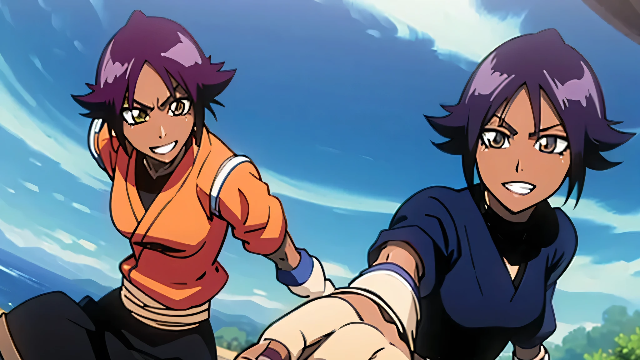 shihouin yoruichi, smile, blue sky, dynamic pose