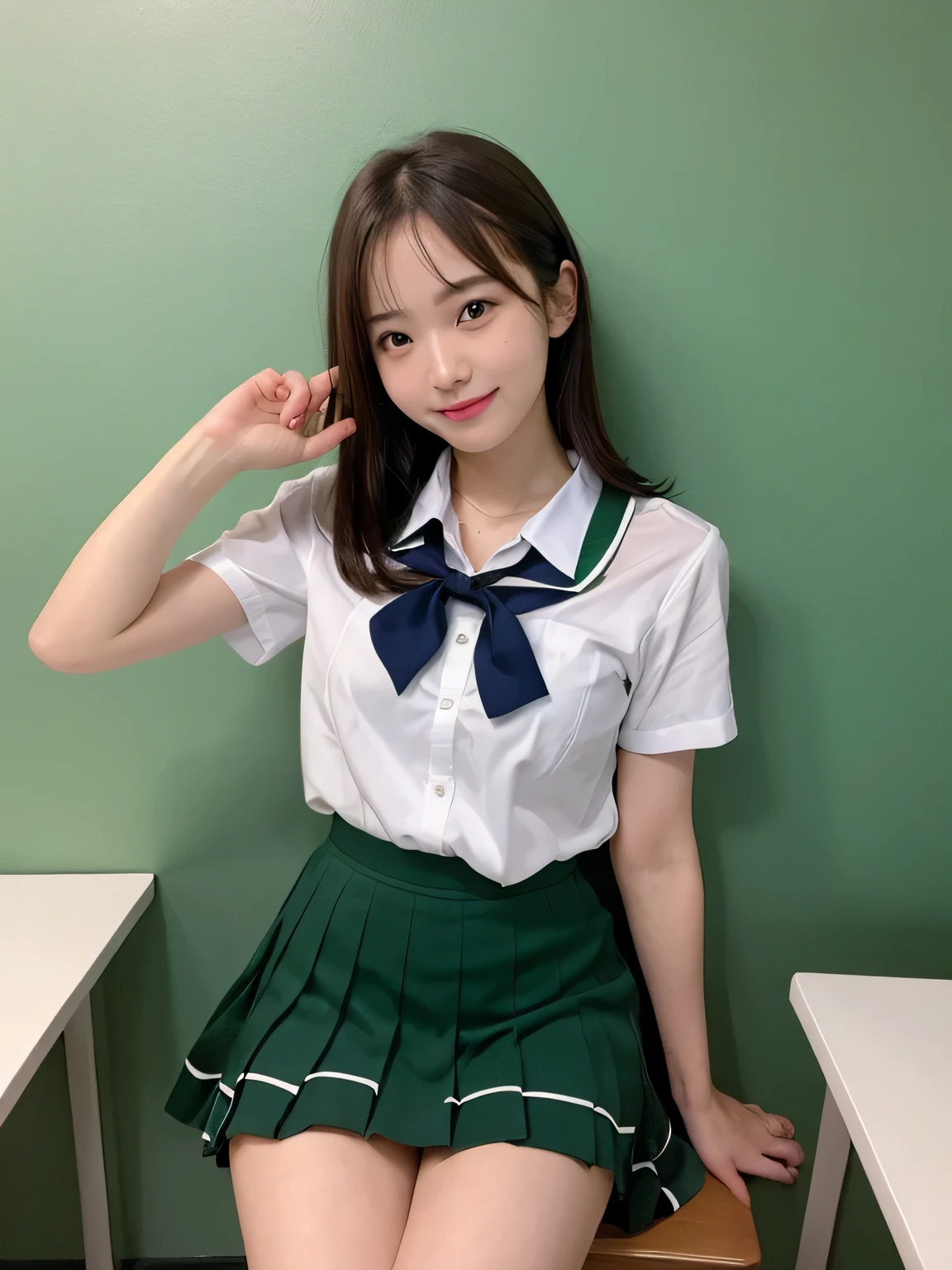 highest quality、figure、 Cleavage、sexy、Ultra-detailed、High resolution、8k wallpaper、Perfect dynamic composition,、Beautiful fine details、Natural color lip、Bold sexy pose、smile、-yeld gicute、Sexy shot looking at the camera、(highest quality: 1.3), (masterpiece: 1.3), (Super Detail: 1.3), (One Girl: 1.1), (Detailed hands and fingers:1.2)、(Ultra-oily, lustrous skin with attention to detail:1.1)、Oily、(The perfect school girl uniform:1.3)、Short-sleeved shirt with front opening、Cleavage、sexy、(Beautiful shapely small breasts:1.3)、(Green mini skirt:1.2)、I can see your thighs、Brown Hair、Very Short Hair、Beautiful sister、Yellow wall,sexy、I can see your thighs、Sitting in a chair、