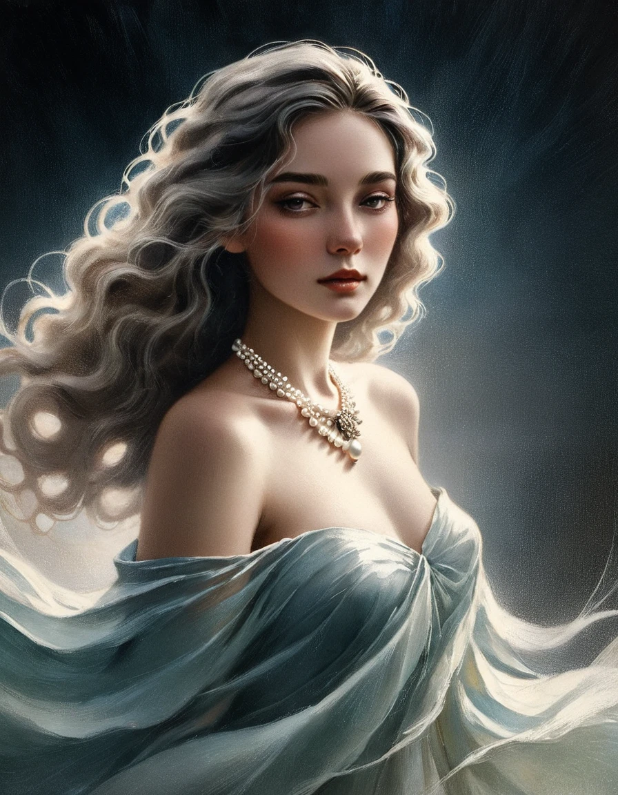 chiaroscuro technique on sensual illustration of a gradient background, soft textures, a woman in a beautiful dress, detailed facial features, long eyelashes, pearl necklace, wavy hair, serene expression, (best quality,4k,8k,highres,masterpiece:1.2),ultra-detailed,(realistic,photorealistic,photo-realistic:1.37),portrait,dramatic lighting,muted color palette,soft focus, the model draped in flowing, Use a gradient or a softly textured background to complement the overall tone