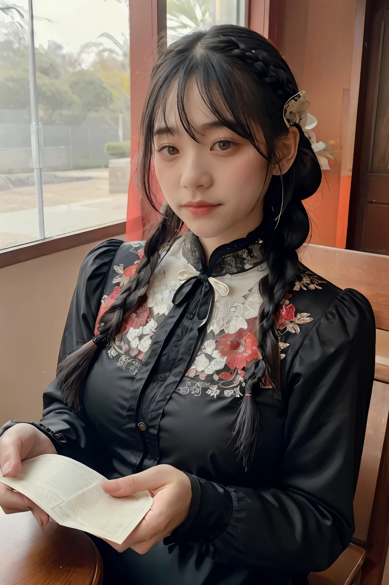 Girl 02, Shot with the Nikon Z7 II mirrorless camera,120 mm.F/4 Wide angle
Girl 02, 1 girl comes in, alone, long hair, look at viewer, black hair, long sleeve, Braid wearing a white dress、The woman has a black braid with blue and red stripes on her neck., Chen Lu, Fashion Art Nouveau Embroidery, Portrait of the character, The Delay of Americanism、Holding an old map in one hand、
The woman wore a black shirt and a red scarf with a red and white design around her neck., Chenji, Fashion Art Nouveau Embroidery, Silkscreen, Shippo Doctrine Highest Quality, table top, Very detailed, cowboy shoot, flow, 3DMM, ink sketch, colored ink, ink rendering, Octane rendering, pastel colors, straw paper, 1 girl comes in, ดวงตาที่มีรายละเอียดbeautifulงาม, (Alternate hairstyle), Hair with special details, elegant, (charming), (Delicate), beautiful, cute, Lace dress, Text in the middle of the frame, rhythm, Fantasy, look at viewer,