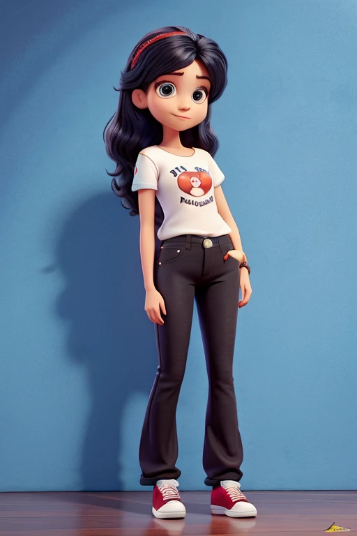  Branca  , cabelos longos pretos , blusa  de morango, black jeans pants, sapatos pretos. Desenho pixar,
