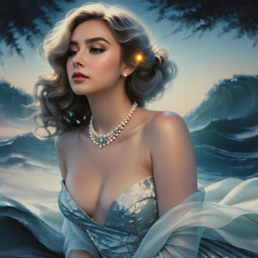 a gradient background, soft textures, a woman in a beautiful dress, detailed facial features, long eyelashes, pearl necklace, wavy hair, serene expression, (best quality,4k,8k,highres,masterpiece:1.2),ultra-detailed,(realistic,photorealistic,photo-realistic:1.37),portrait,dramatic lighting,muted color palette,soft focus