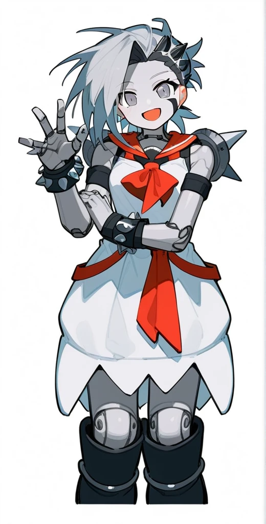 score_9, score_8_up, source_anime, masterpiece, best quality, BREAK 1girl, grey metallic skin, open mouth smile, white dress, grey long spiked metallic hair, grey eyes, black boots, black wristband, red neckerchief, absurdres