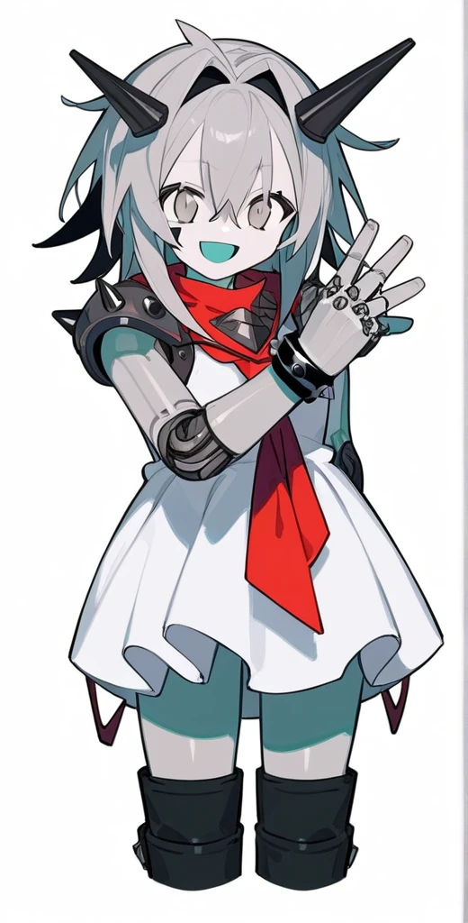 score_9, score_8_up, source_anime, masterpiece, best quality, BREAK 1girl, grey metallic skin, open mouth smile, white dress, grey long spiked metallic hair, grey eyes, black boots, black wristband, red neckerchief, absurdres