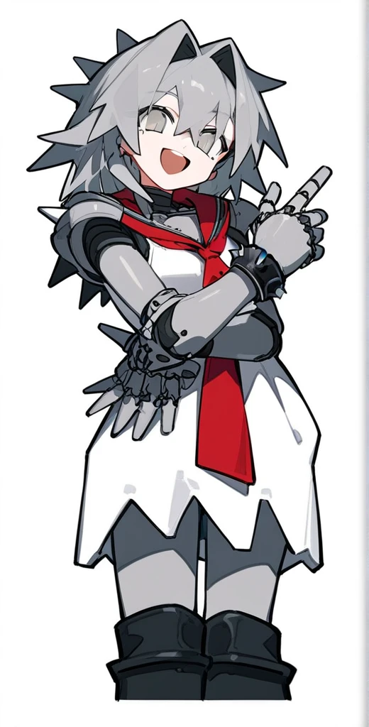 score_9, score_8_up, source_anime, masterpiece, best quality, BREAK 1girl, grey metallic skin, open mouth smile, white dress, grey long spiked metallic hair, grey eyes, black boots, black wristband, red neckerchief, absurdres