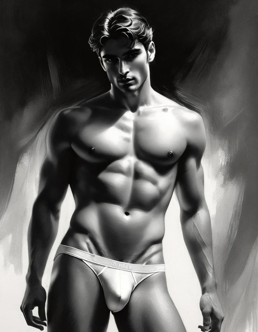 chiaroscuro technique on sensual illustration of an arafed man in white underwear, sexy masculine, diego fazio, male model, by Ludovit Fulla, model with attractive body, inspired by Ludovit Fulla, mid-shot of a hunky, the model draped in flowing, Use a gradient or a softly textured background to complement the overall tone