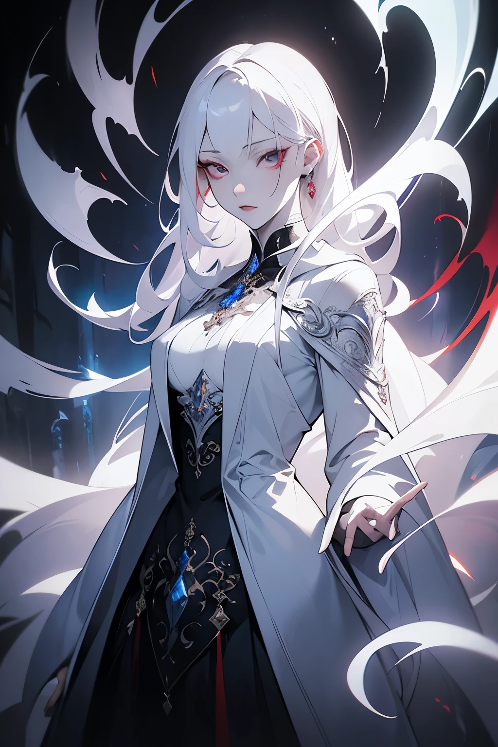 albino young woman, pale skin, red eyes, blue flowing modern fashion robes, smug look, dramatic lighting, ethereal, digital art, fantasy, highly detailed, intricate, cinematic composition, dramatic pose, chiaroscuro lighting, jewel-toned colors, shimmering textures, ornate accessories, moody atmosphere, masterpiece