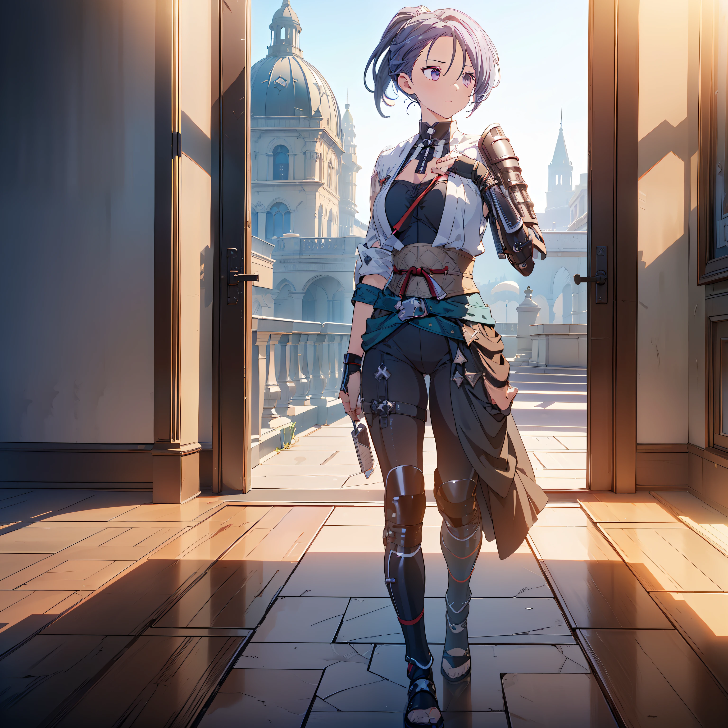 ((Top quality, 4k, 8k, high resolution, masterpiece: 1.2))), (super detailed), (realistic), (photorealistic), (photorealistic: 1.37), (HDR, UHD), (studio (lighting), ultra-fine drawing, sharp focus, physically based rendering, highly detailed, professional, vibrant colors, full body, Long shot, Panorama, Aerial view, SONY 35mm F/5.6, (((Distant view))), (((put the head in the screen))), (((white background))), walking, (((standing))), Ninja, assassin, pants, knee, shin guards, gray hair, ponytail, surprised, raise both hands,