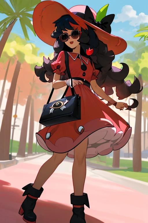 Serena_Pokémon_waifu falda roja, cabello de color miel, blusas negra, sombrero rosado, gafas de sol bolso rosa botas negras,mega aro