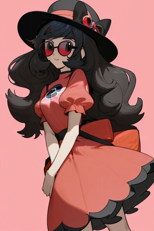 Serena_Pokémon_waifu falda roja, cabello de color miel, blusas negra, sombrero rosado, gafas de sol bolso rosa botas negras,mega aro