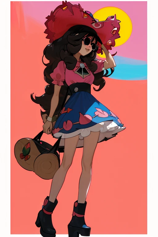 Serena_Pokémon_waifu falda roja, cabello de color miel, blusas negra, sombrero rosado, gafas de sol bolso rosa botas negras,mega aro