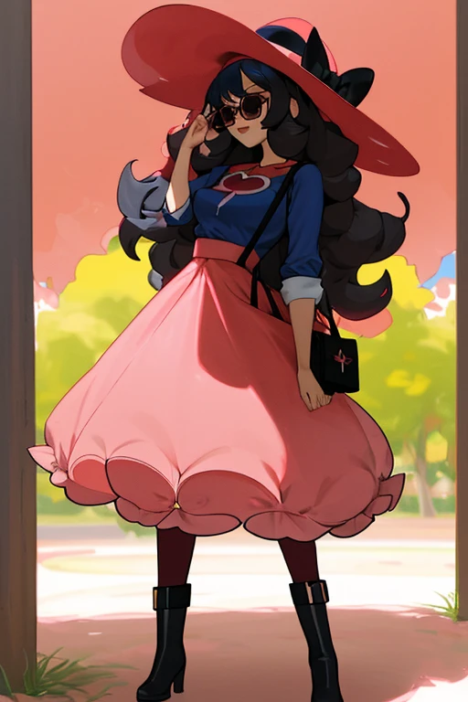 Serena_Pokémon_waifu falda roja, cabello de color miel, blusas negra, sombrero rosado, gafas de sol bolso rosa botas negras,mega aro