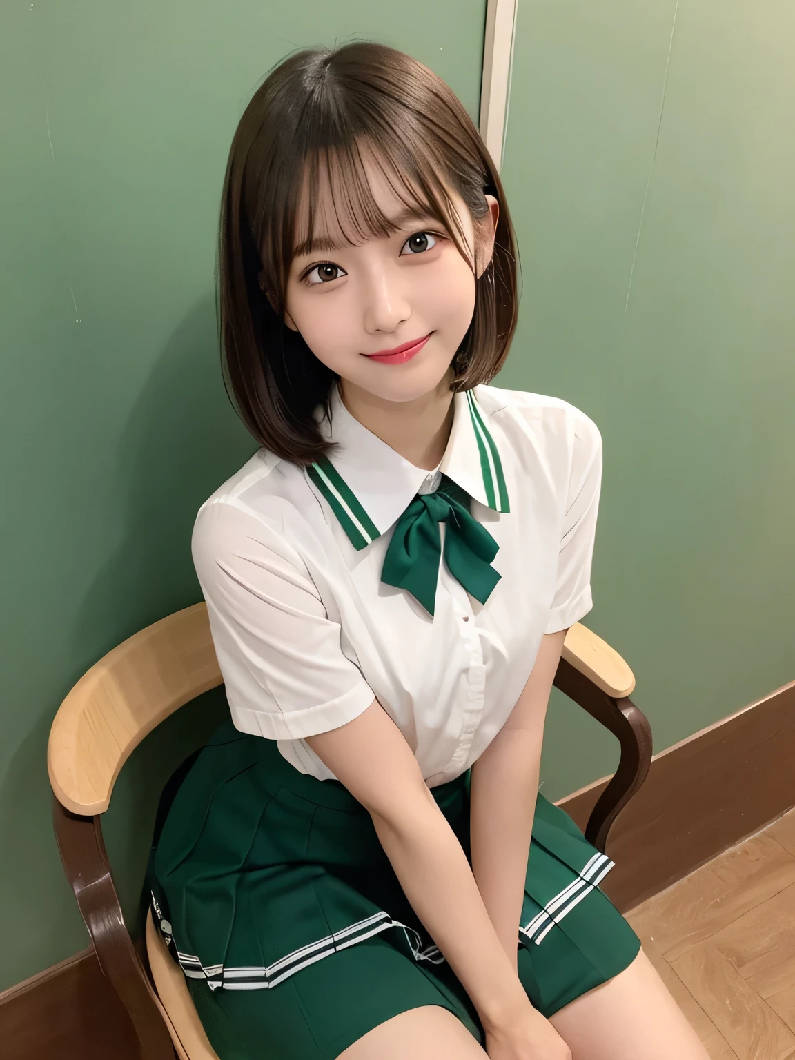 highest quality、figure、 Cleavage、sexy、Ultra-detailed、High resolution、8k wallpaper、Perfect dynamic composition,、Beautiful fine details、Natural color lip、Bold sexy pose、smile、16-year-old girl、cute、Sexy shot looking at the camera、(highest quality: 1.3), (masterpiece: 1.3), (Super Detail: 1.3), (One Girl: 1.1), (Detailed hands and fingers:1.2)、(Ultra-oily, lustrous skin with attention to detail:1.1)、Oily、(The perfect school girl uniform:1.3)、Short-sleeved shirt with front opening、Cleavage、sexy、(Beautiful shapely small breasts:1.3)、(Green mini skirt:1.2)、I can see your thighs、Brown Hair、Very Short Hair、Beautiful sister、Yellow wall,sexy、I can see your thighs、Sitting in a chair、