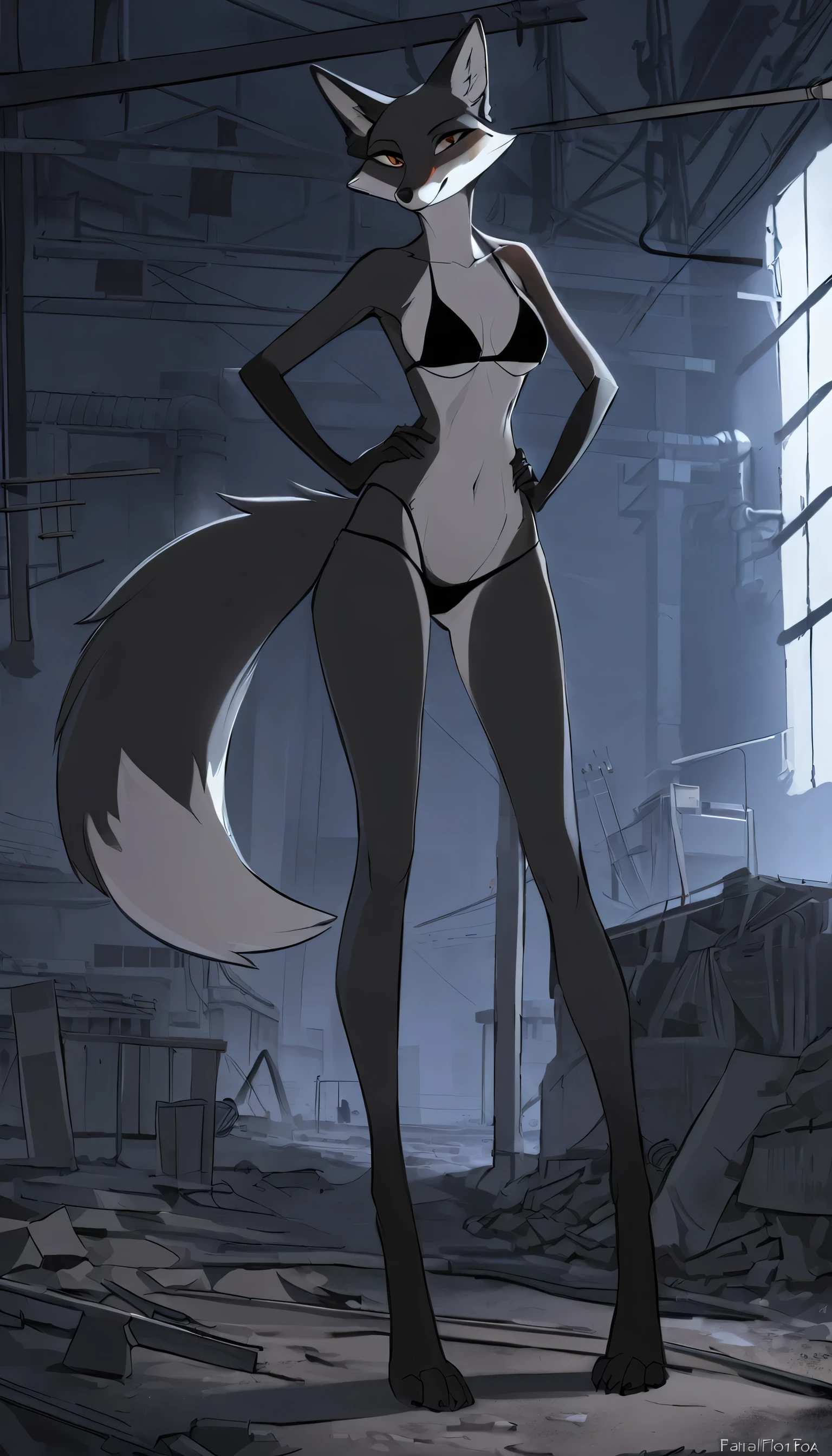 Masterpiece, best quality, Masterpiece, best quality, 1 fox , furry , black fox , Black bikini , abdomen , Long legs , Put your hands on your hips. , barefoots , full body , abandoned factory , at night
