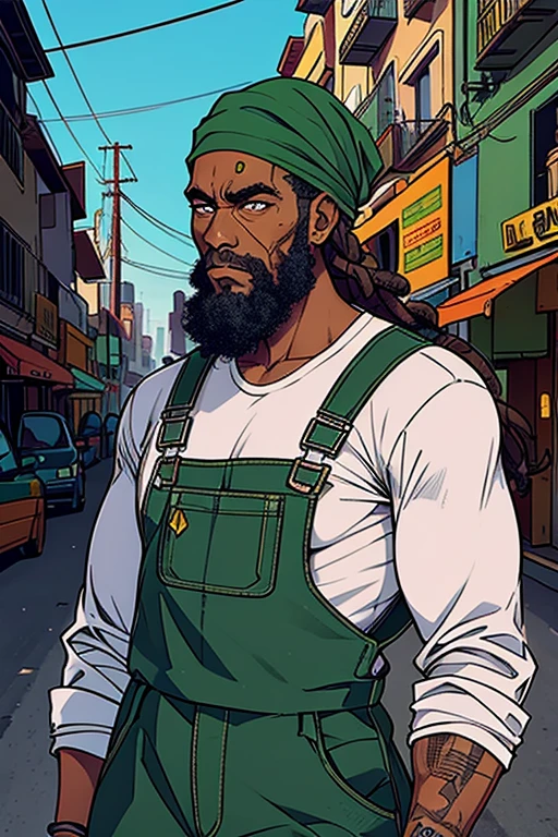 homem, negro, barba longa, dreads, bandana verde escuro, apocalipse zumbi, cidade destruida, wearing overalls