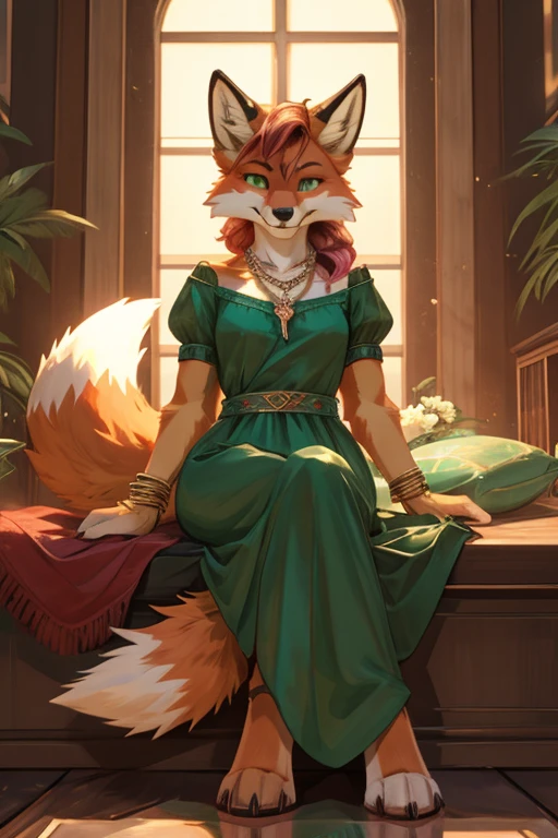 Fox, female, furry, anthropomorphic, pure white with cherry pink tips on the ears, paws and tail. Emerald green eyes with a mischievous glint. She usually dresses in elegant but comfortable clothes. She likes light-colored dresses and bright accessories, such as necklaces and bracelets.