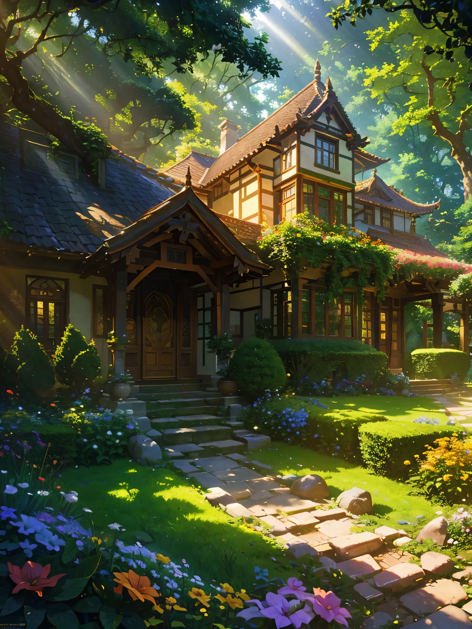 a beautiful house surrounded by a lush, vibrant garden, detailed architecture, ornate windows, intricate stone walls, neatly trimmed hedges, colorful flowers, winding stone pathways, sunlight filtering through the trees, photorealistic, 8k, high quality, masterpiece, ethereal, warm colors, dramatic lighting