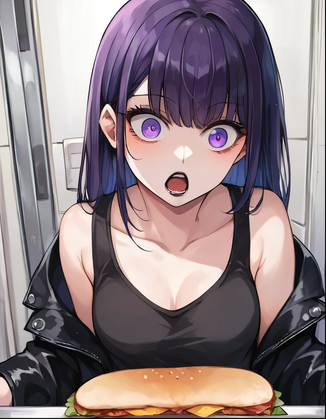 EPinKagome, score_9, score_8_superior, score_7_superior, One girl, Goth, Black leather jacket, Pale skin, Purple eyes, View Viewer, Black Tank Top, eye shadow, Black Lips, surprised, With a sandwich, View Viewer, Standing by an open refrigerator,