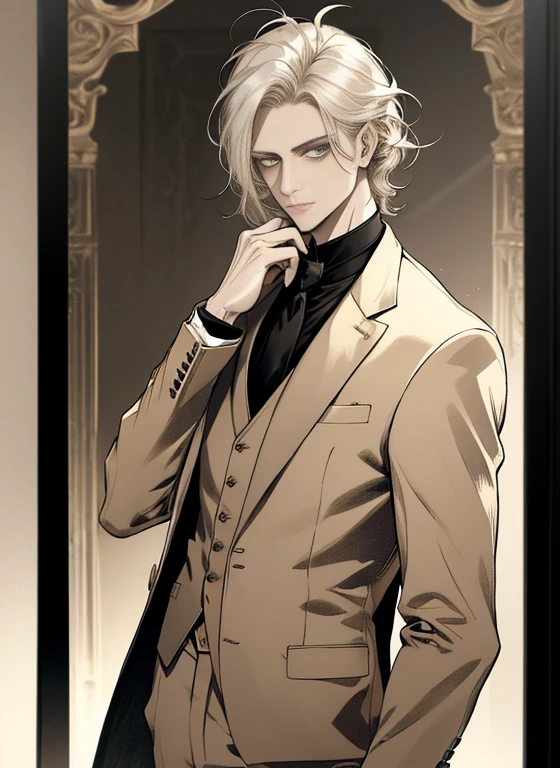 Retrato de um homem na casa dos 20 anos, Homem de 28 anos, misterioso, melancholy, standing, Acima da cintura, hands down, ((beige three piece suit)), ((cabelo entre os olhos)), cabelo lateral comprido, franja, ((Olhando para o visualizador)), Messy hair, Hair to the shoulders, cabelo bege, Pale skin, olhos castanhos escuros, (((gender neutral))), Game Graphics, fundo branco, Late 19th century