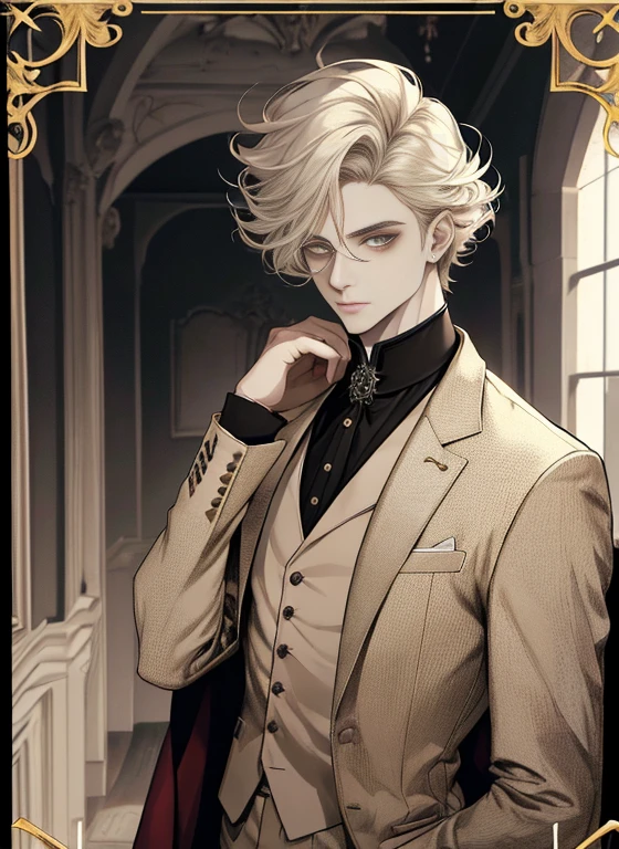 Retrato de um homem na casa dos 20 anos, Homem de 28 anos, misterioso, melancholy, standing, Acima da cintura, hands down, ((beige three piece suit)), ((cabelo entre os olhos)), cabelo lateral comprido, franja, ((Olhando para o visualizador)), Messy hair, Hair to the shoulders, cabelo bege, Pale skin, olhos castanhos escuros, (((gender neutral))), Game Graphics, fundo branco, Late 19th century
