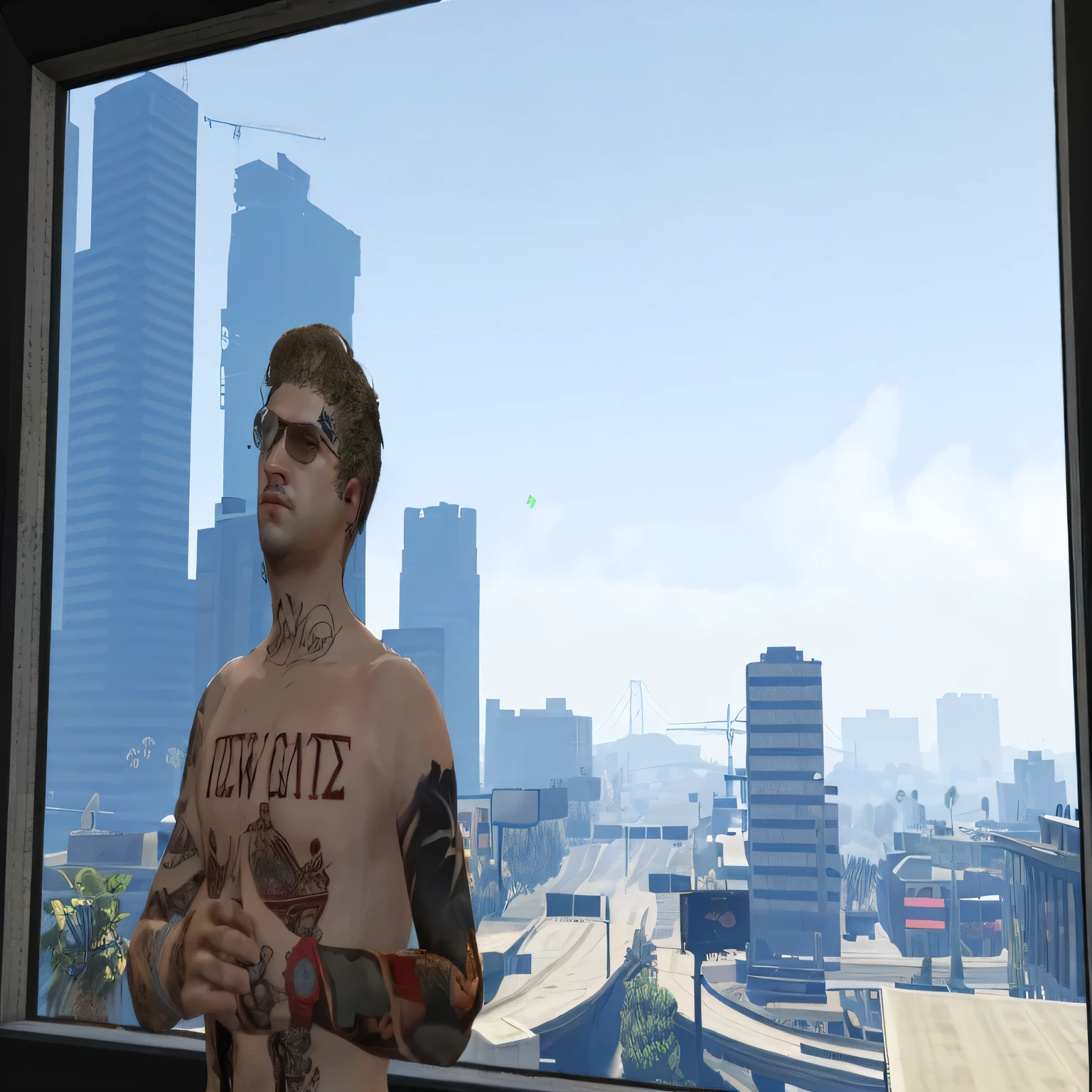 there is a man with tattoos on his chest standing in front of a window, as a character from gtav, gta5 style, style of gta v, mark zuckerberg in gta v, gta v style, gta character, boris johnson in gta v, naruto in gta v, gta v character, gta 6 style, gta v street style, donald trump in gta v