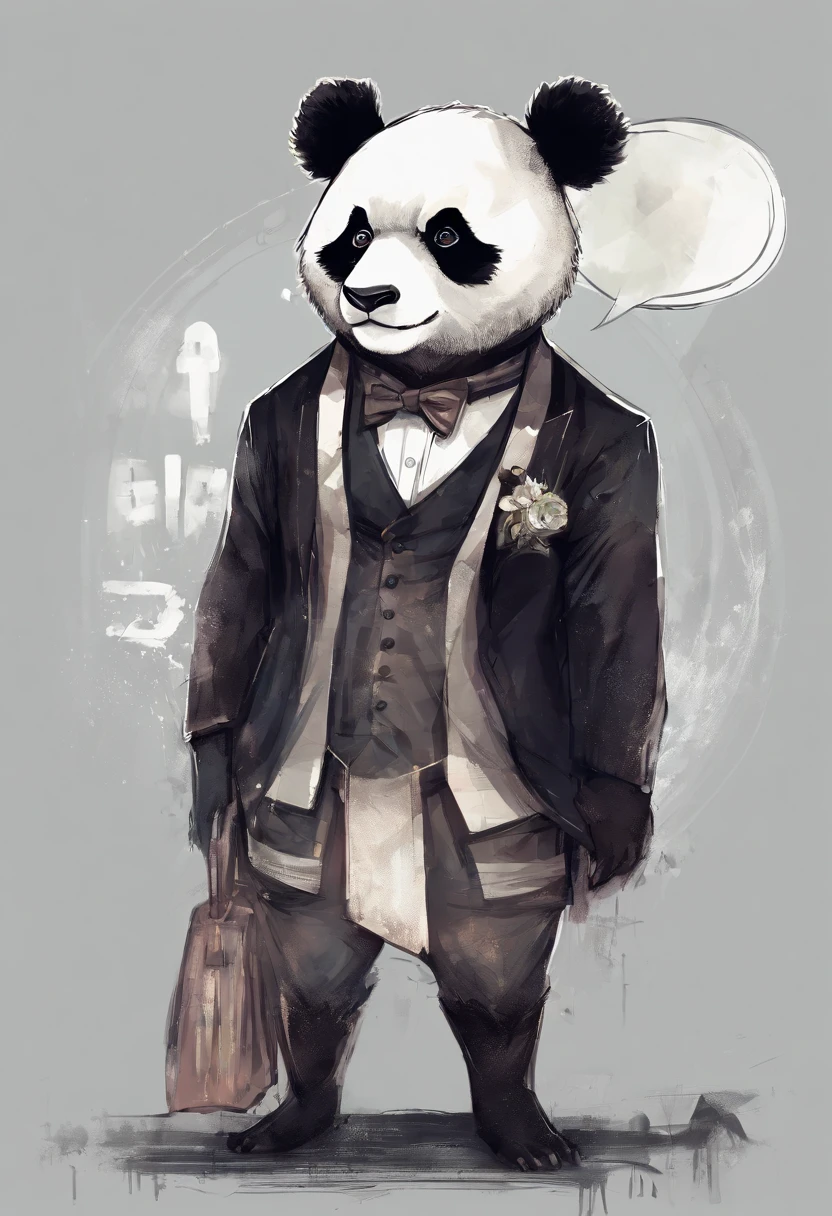anthropomorphic panda, de cuerpo entero, vestido formalmente con un blazer, sostiene una bandeja, pegatina de panda, sticker de panda.