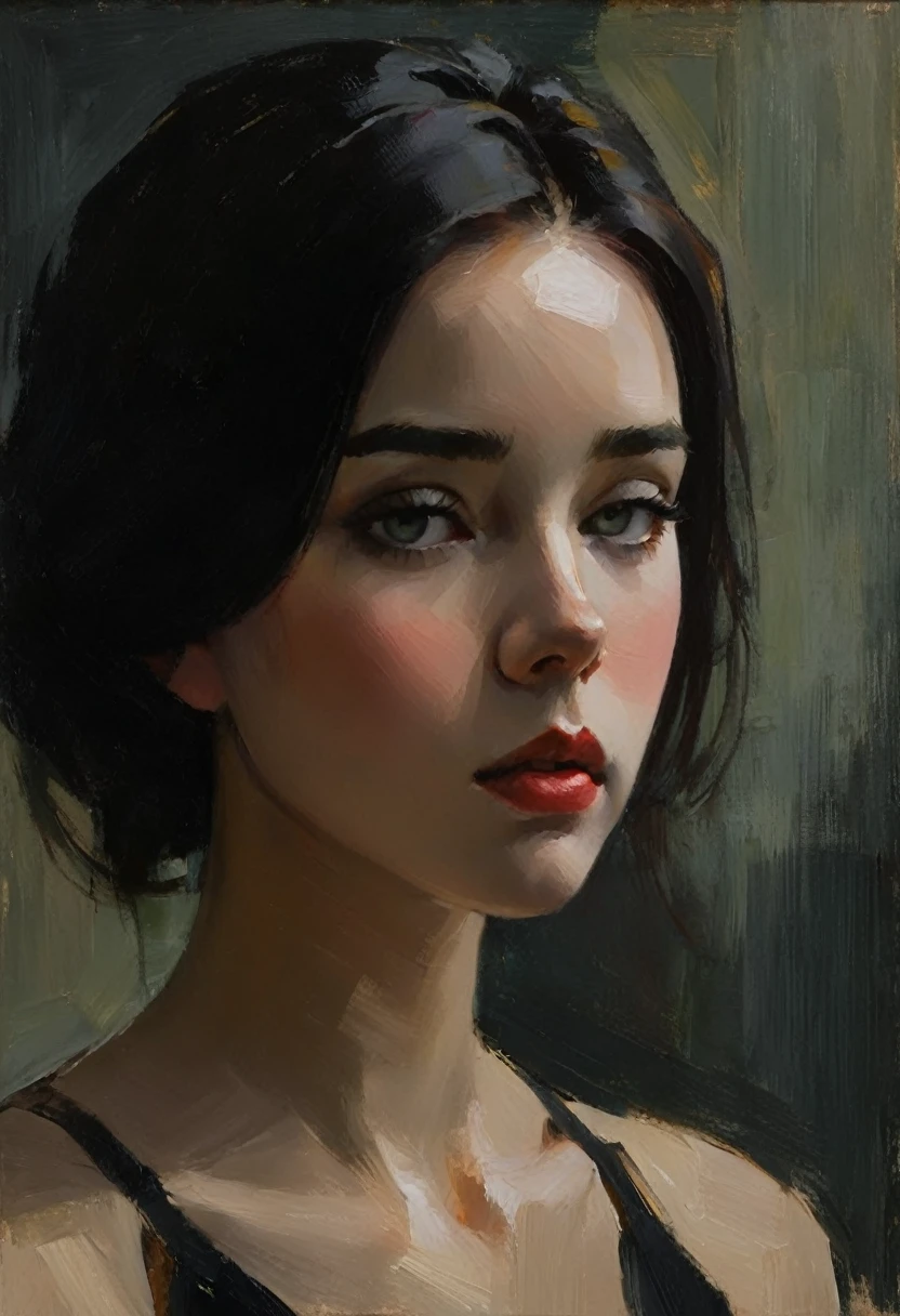 Create an evocative oil painting inspired by Malcolm Liepke, based on the provided image. Capture the intense, introspective expression of the young subject using thick, expressive brushstrokes and a muted color palette. Highlight the emotional depth and vulnerability in the subject's gaze, emphasizing the play of light and shadow on their face. Maintain a simple, textured background that complements the subject's contemplative presence. Focus on the tactile quality of the oil paint to convey the raw emotion and intimacy characteristic of Liepke's style.