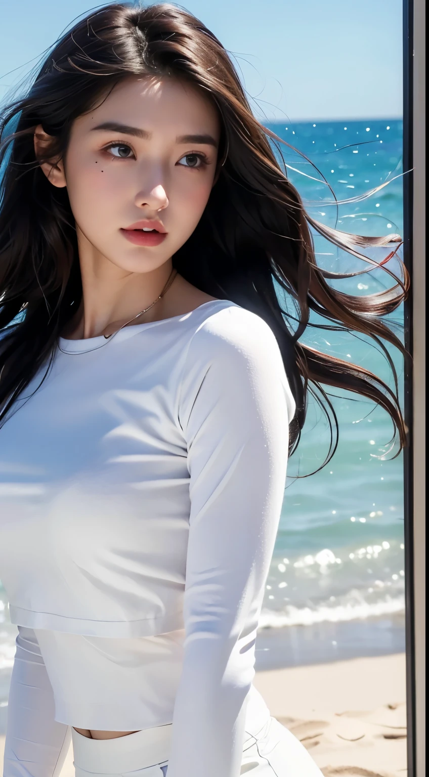 (logo、masterpiece、8k、Tabletop、RAW Photos、wonderful、最high quality、Photorealistic and Very detailed CG integrated 8k wallpaper、high quality、Very detailed、Narrative poem、Particle Effects、Dynamic Effects、Written boundary depth、Cinematic Light、Lens flare、Ray Tracing)、Fantasy、 (One beautiful woman、White pants、White T-shirt、White tube top、White crop top、Black-haired、Beautiful Face、True Face、Beautiful details、eye、Beautiful Skin、Ultimate Body、glamorous)、私の髪はWindに舞う、Hair flutters in Wind、Hair bounces、Seaside、wonderful景色、Coastal、sunrise、Sun in the background、Wind、Beach