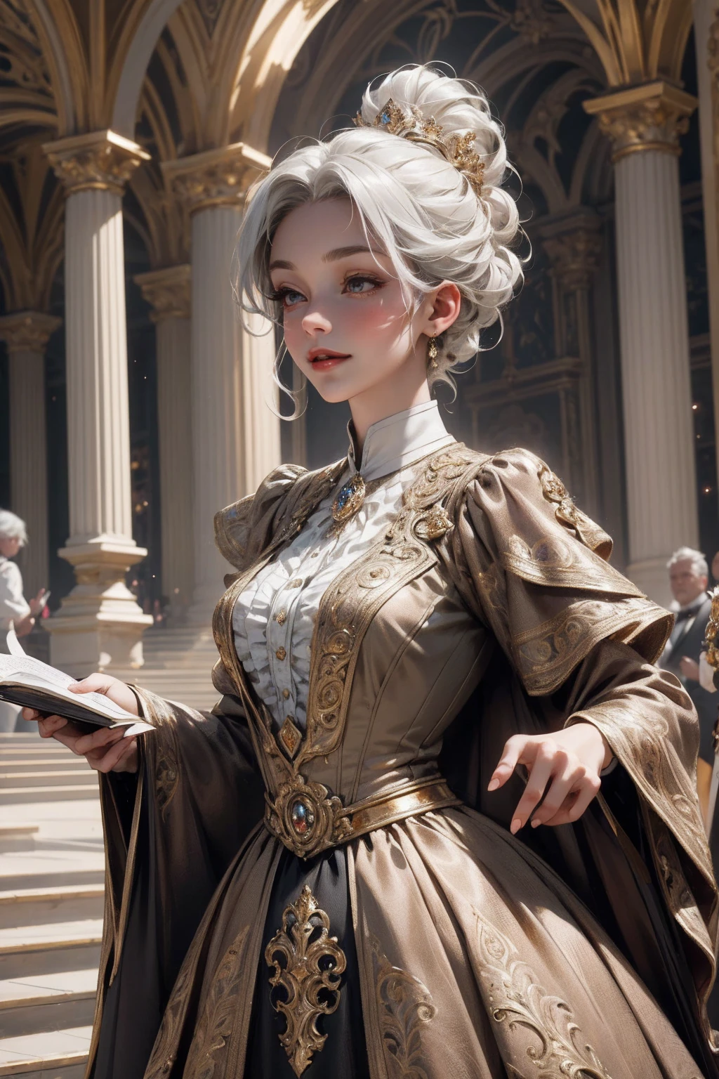 { - anatomy error}(Masterpiece - Ultra-detailed, very high resolution) Prepare to be enchanted by a true masterpiece that combines ultra-detailed art with high-resolution rendering. This work depicts a mesmerizing woman with short white hair (1.3) and captivating gray eyes (1.2), emanating an aura of elegance and mystery in Victorian settings. The intricate details and realistic textures invite you to explore every aspect of this enchanting composition. Woman wearing beautiful classic Victorian costume from the year 1878. Red lips. Happy face. Smiling. light brown (gold) dress. Walking, writing, lying down, standing, on your back, dynamic poses., upper body. dynamic poses. Get ready to dive into a world where beauty and craftsmanship merge perfectly.