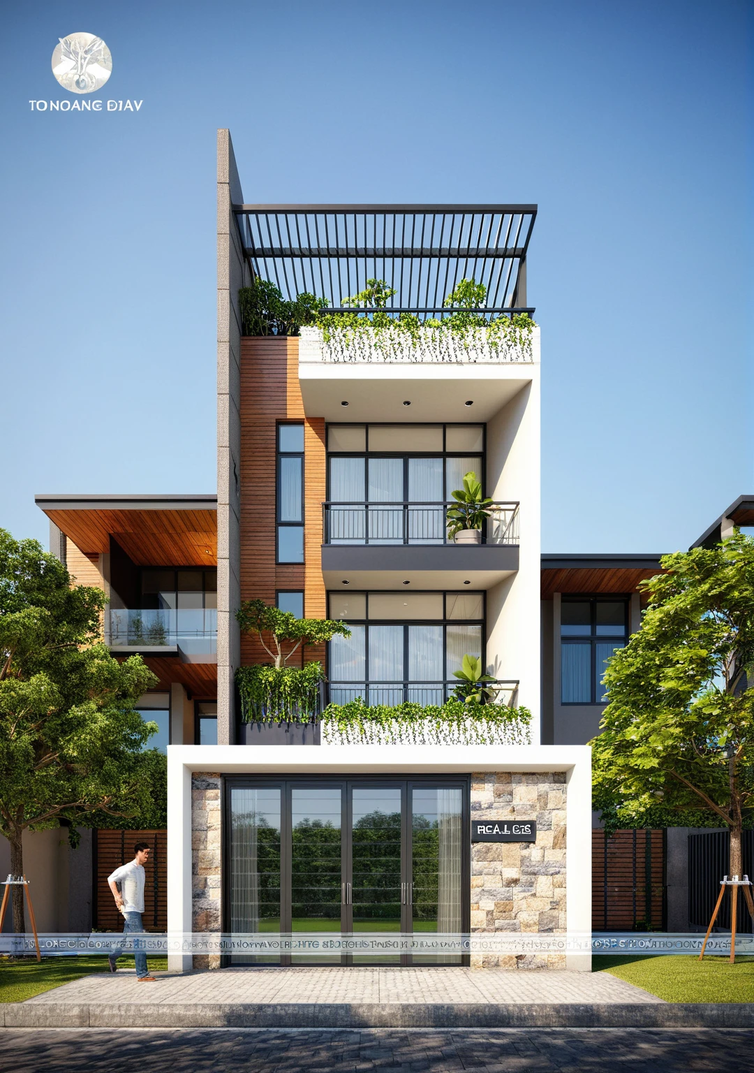 townhouse, (modern style:1.2), exterior design, perspective view, (white wall:1.3), (block sidewalks and asphalt roads), (day sky background), Low trees around the house, (the house next door is lower than the subject designer's house), (day light:1.1), (Neutral lighting is suitable for the townhouse, light color thermometer lighting), (architectural design visualization), (reflection), (focus on object), (material normal bump real reflection), (scattered light), (light ray), (multi-beam light), (sunbeam) (multi-level reflection), (chao vantage software visualization render),(((Best Quality))), ((Masterpiece)), ((best illustration)), ((best shadows)), ((Super Detail)), (Intricate lines), (Photorealism),(hyper detail), ((archdaily)), ((award winning design)), (dynamic light), ((day)), spotlight, (perfect light), (shimering light), ((photorealistic)), ((intricate detail)), ((extreme detail)), ((crazy detail)), ((octane render)), ((trending on artstation)), ((High-fidelity)), ((Viwvid)), ((Crisp)), ((Bright)), ((Stunning)), ((Eye-catching)), ((High-quality)),((Sharp))((Bright)), ((Stunning)), ((natural sun environment)), ((Eye-catching)), ((Illuminating)), ((Flawless)), ((High-quality)),((Sharp edge render)), ((medium soft lighting)), ((photographic render)), ((detailed archviz)), ((reality environment)), (modern townhouse design architectural design facade), (modern townhouse facade roof design), (modern townhouse facade wall design), (modern townhouse facade decoration material design) (townhouse facade door and window design modern), (environmental lighting design), (modern townhouse facade lighting design), (modern townhouse front gate and fence design), (tree decoration design for townhouse facade), (Design lights for gate posts and fences), (townhouse facade railing design), (level of photo realism, depends on lighting, materials, composition, Real-Time Rendering, based on chao vantage timage rendering graphics software)